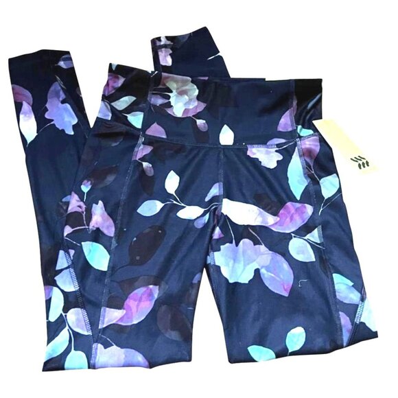 All In Motion Floral Active Leggings Sz XS Black Purple Workout Pants - Picture 2 of 9